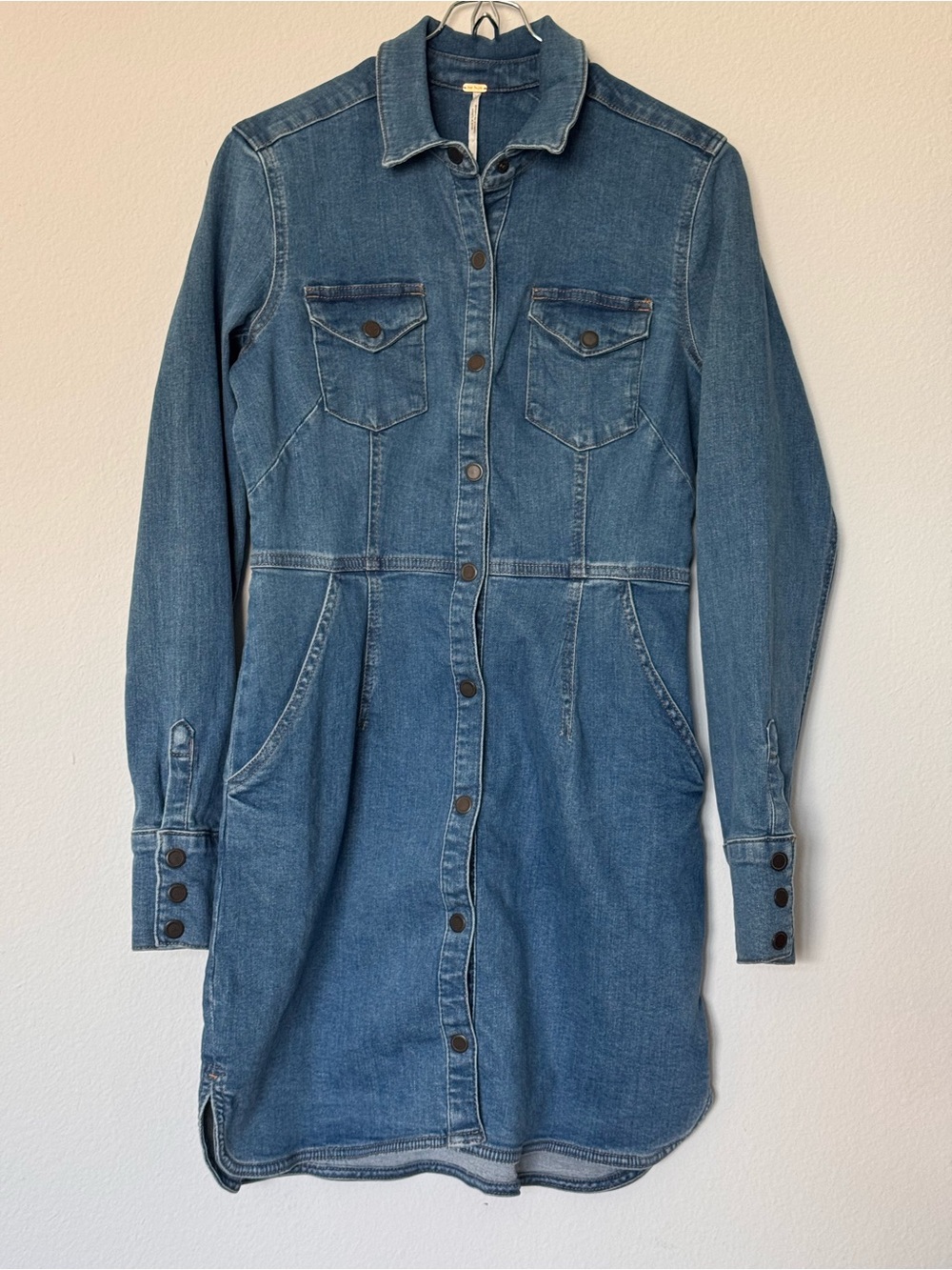 Free People Dynomite Denim Mini Shirt Dress Medium Wash - Small - Picture 2 of 9